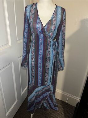 Striped Floral Sheer Wrap Maxi Dress in Blue and Burgundy